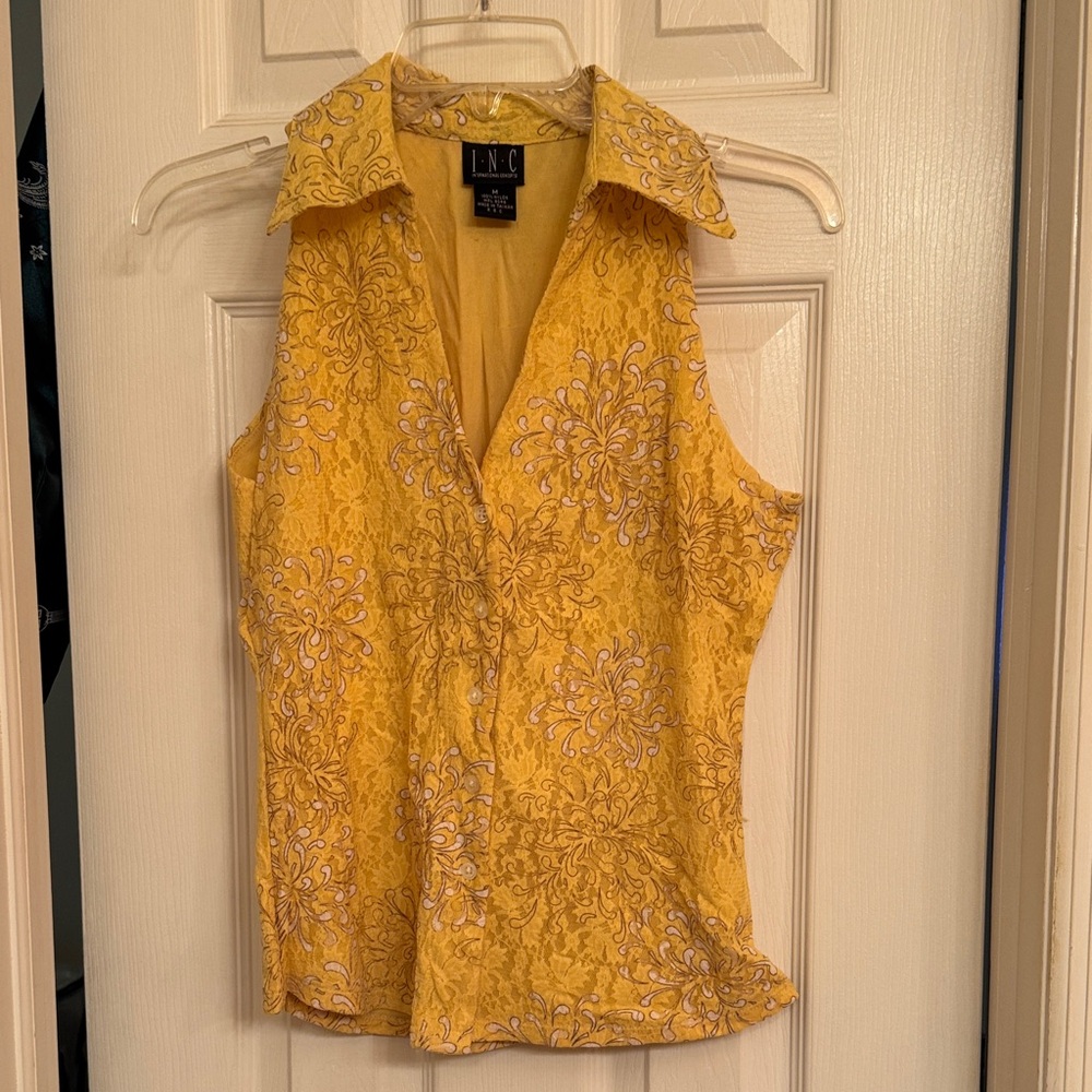INC International Concepts Yellow Sleeveless Floral Lace Overlay Women Top - Picture 4 of 15